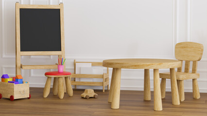 Kindergarten classroom with wooden furniture, Kids learning desk with chalkboard.