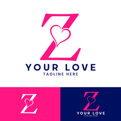 Z letter logo with heart icon, Happy Valentines initial Z logo, Valentines Day greeting card banner logo template
