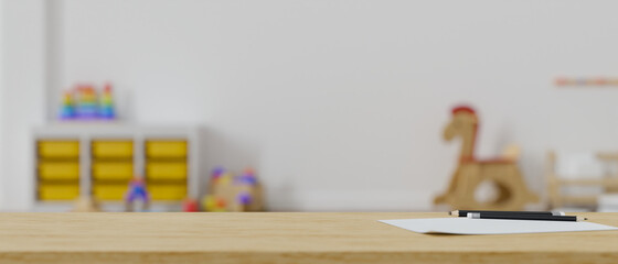 A copy space over blurred kid's playroom in the background.