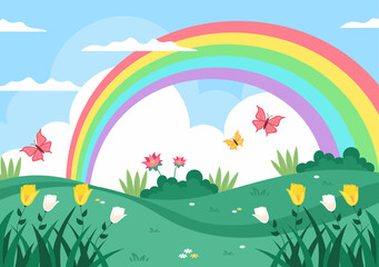 Obraz na płótnie Canvas Spring Time Landscape Background with Flowers Season, Rainbow and Plant for Promotions, Magazines, Advertising or Websites. Nature Vector illustration