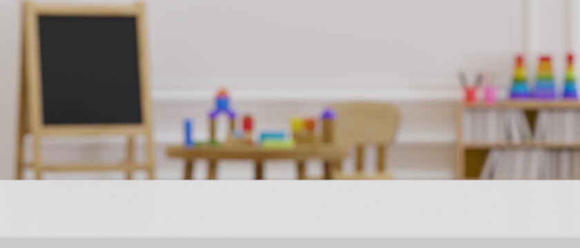 Modern white tabletop with copy space over blurred kindergarten classroom
