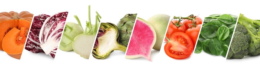 Collage with different fresh ripe vegetables on white background. Banner design