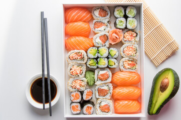 Japanishe food Nigiri sushi set, salmon, tuna and shrimp sushi
