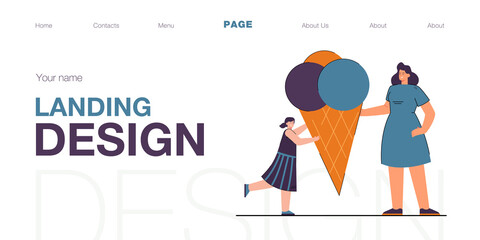 Woman giving ice cream to girl. Mother offering cone with colorful balls of ice cream to daughter. Child happy, tasty food. Dessert, tasty snack concept for banner, website design, landing web page