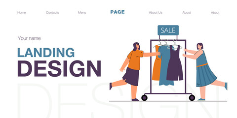 Salesgirls pushing clothes rail with dresses. Sale of gowns flat vector illustration. Clothes racks in background. Selling, shop assistant concept for banner, website design or landing web page. - obrazy, fototapety, plakaty