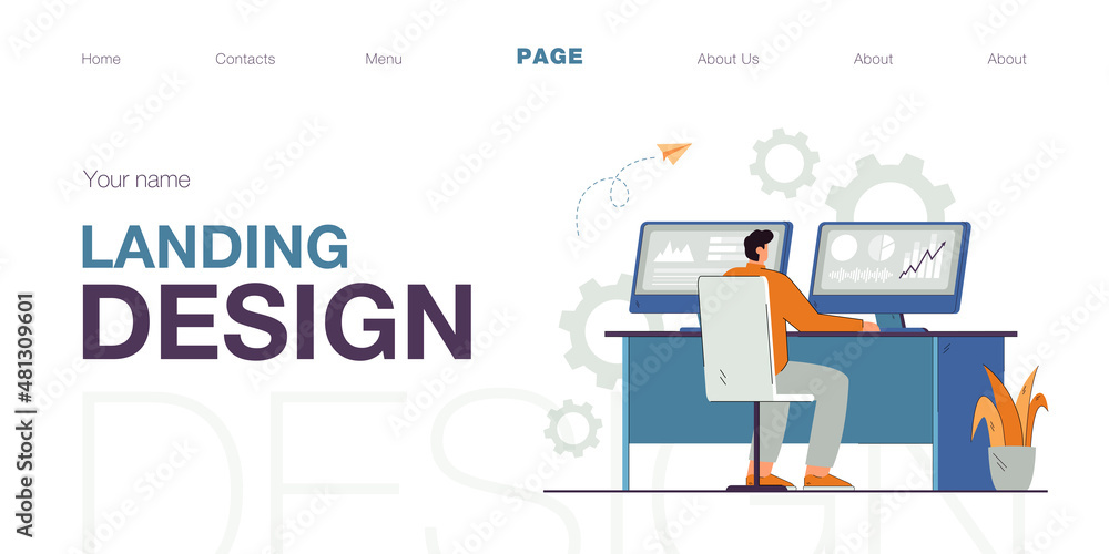 Poster .flat vector illustration of stock trader working on computer with graphs. man investor using pc ana