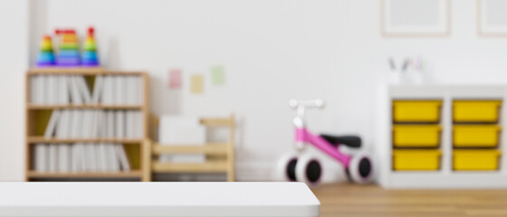 Modern baby kids playroom interior design with copy space on tabletop.