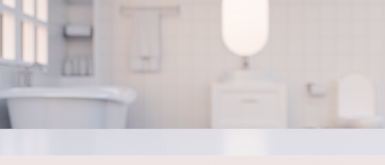 Copy space on white tabletop over blurred luxury white bathroom interior