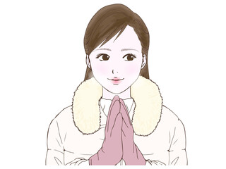 セミロングの女性_ダウンコート_手袋_横目