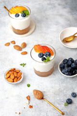greek yogurt with peanut paste, nectarine, blueberry, mint and almond.