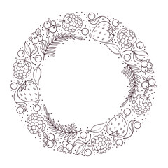 Hand drawn black and white fruit and berries wreath isolated on white background
