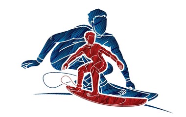 Surfer Action Surfing Sport Players Cartoon Graphic Vector