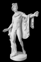 Perspective view of famous roman greek copy of apolo di belvedere sculpture isolated on black...