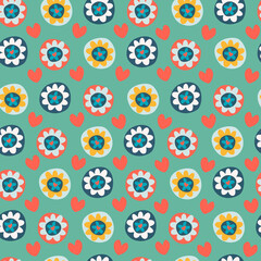 Seamless pattern with flowers and heart shapes in retro, late 60s style on green background, for wrapping paper and other design projects. Valentines Day concept, love, romance concept