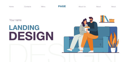 Couple watching movie or TV series with popcorn on cozy sofa. Man and woman sitting on couch in living room together flat vector illustration. Happy family time and leisure, home entertainment concept