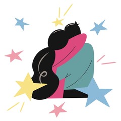 Loving couple, back view. Man and woman are hugging. Love, romance, stars. Vector flat illustration. Color clipart with stars. Isolated holiday design element, decor, Valentine's Day card.