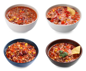 Set with tasty chili con carne on white background