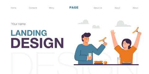 Friends having lunch, dinner or breakfast together at restaurants outdoor room. Cartoon children eating meal flat vector illustration. Food, friendship, outdoor activity concept