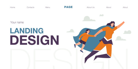 Happy mother in superhero costume flying with daughter in sky. Young woman with cape and girl going shopping flat vector illustration. Family, motherhood concept for website design or landing web page