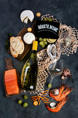 White wine Pinot Grigio with seafood and snacks.