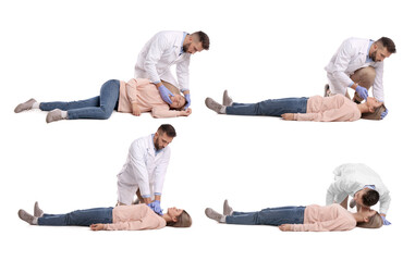 Doctor performing first aid on unconscious woman against white background, collage