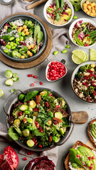 Vegan dishes assortment on gray background.