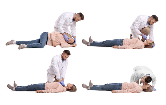 Doctor performing first aid on unconscious woman against white background, collage