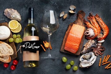 White wine Pinot Grigio with seafood and snacks.