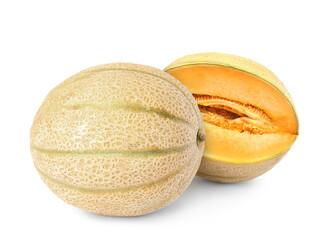Whole and cut tasty ripe melons on white background