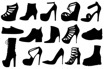 Shoes silhouettes. Elegance dressing accessory. Court shoe, high heel shoe lady fashion black shadow set silhouettes icon. Vector illustration, EPS10
