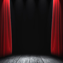 Empty wooden stage and open red curtains