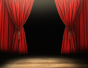 Empty wooden stage and open red curtains