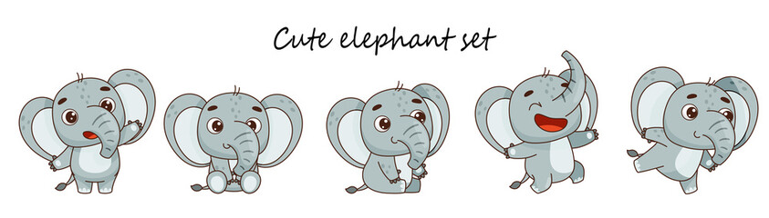 Funny elephant set. Standing, sitting, jumping. Set for design in cartoon style. Vector illustration for designs, prints and patterns.