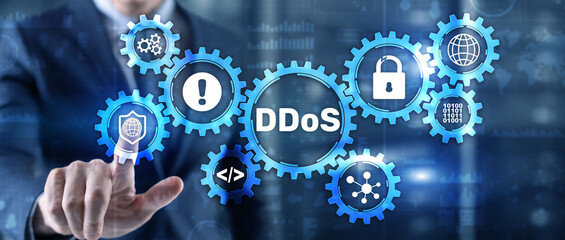 Man clicks on virtual screen with text DDoS Cyber Attack