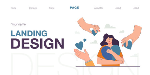 Hands of volunteers giving red hearts to tiny woman with love. Happy woman receiving help, assistance and support flat vector illustration. Project campaign of charity foundation, solidarity concept