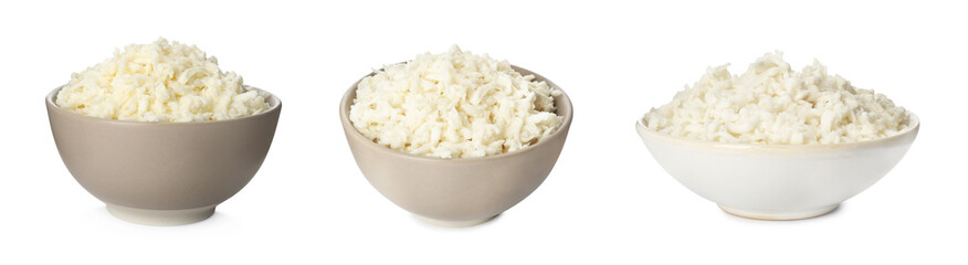 Set with delicious mozzarella cheese on white background. Banner design