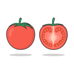 Fresh Tomato Vector Icon Illustration. Whole And Slice Of Tomato Flat Icon