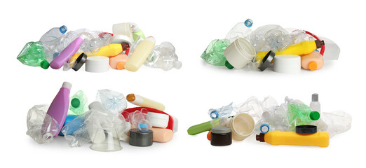Set with piles of plastic garbage on white background. Banner design