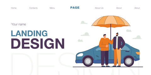 Naklejka premium Cartoon auto driver and safety worker standing on car under umbrella background. Rental car insurance flat vector illustration. Security policy, assurance assistance concept