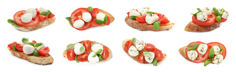 Fototapeta na wymiar Delicious bruschettas with mozzarella, tomatoes and basil, collage. Banner design