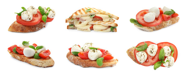 Delicious bruschettas and sandwiches with mozzarella, tomatoes and basil, collage. Banner design
