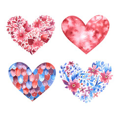 Watercolor set of hearts isolated on a white background. Hand-drawn collection of pink and blu hearts with flowers for your design. Golden heart for card, gift, wedding