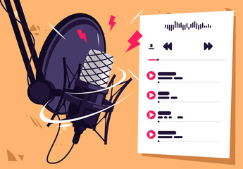 Vector illustration of a professional studio microphone for recording podcasts, a playlist for listening to podcasts