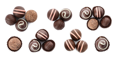 Set with delicious sweet chocolate truffles on white background, top view. Banner design
