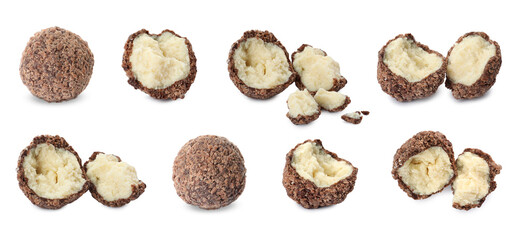 Set with delicious sweet chocolate truffles on white background. Banner design