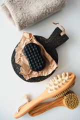 Coffee soap in craft paper lies on a white table