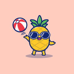 Cute Pineapple Playing Summer Ball Cartoon Vector Icon Illustration. Summer Fruit Icon Concept Isolated Premium Vector. Flat Cartoon Style