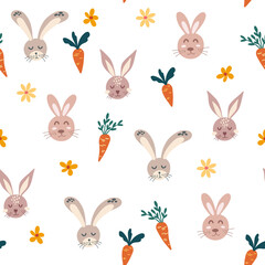 Rabbits carrots and flowers seamless pattern. Faces of cute hares. Kids background. Spring. Happy easter. Great for decoration flyers, banners, wallpapers, print products Vector cartoon illustration.