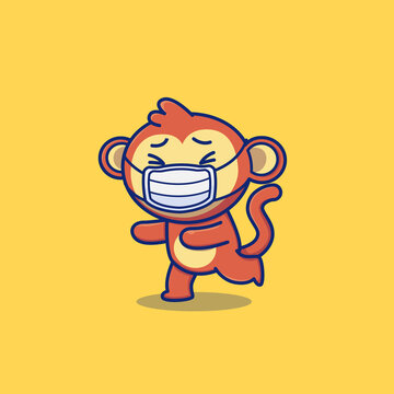 Cute Monkey Wearing Mask Cartoon Vector Icon Illustration. Animal And Health Icon Concept Isolated Premium Vector. Flat Cartoon Style