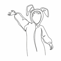 Continuous one simple single abstract line drawing of little child wearing bunny costume on easter day icon in silhouette on a white background. Linear stylized.